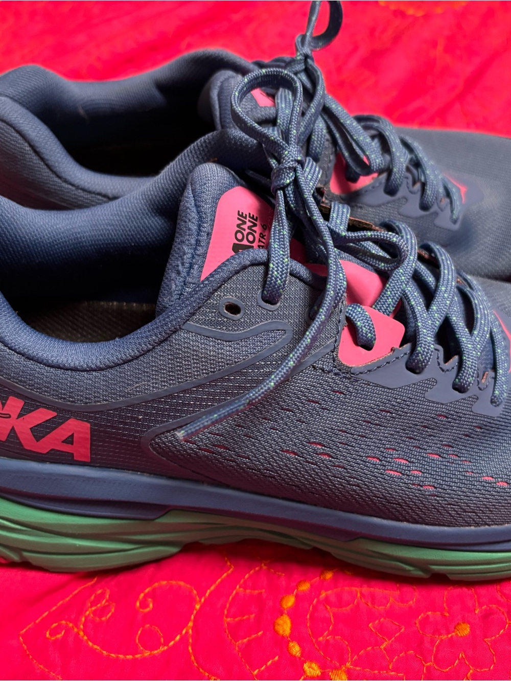 Hoka Women's Running Shoes in Navy with Pink and Green Accents